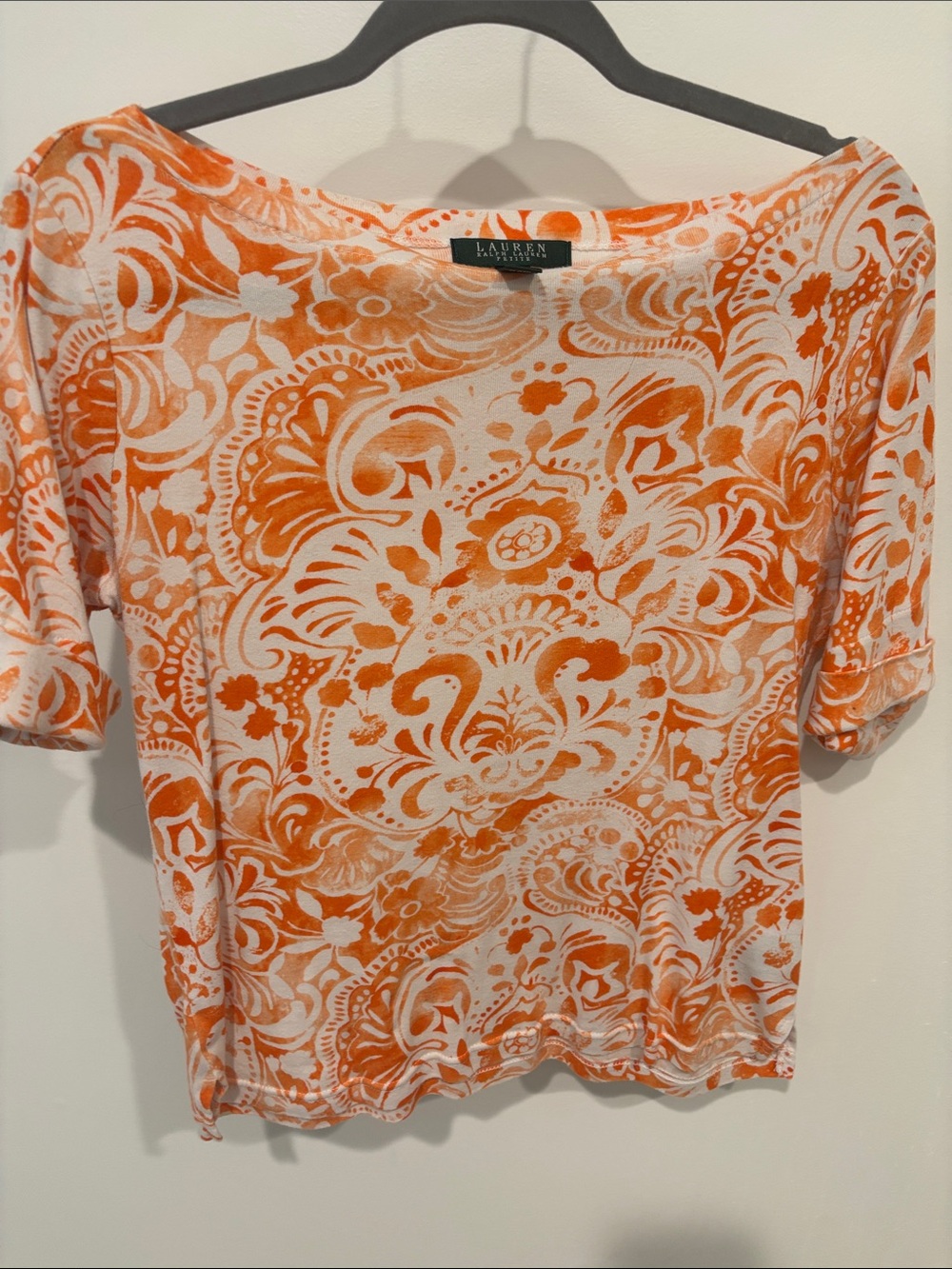 Lauren Ralph Lauren Orange and White Boatneck Short Sleeve Top